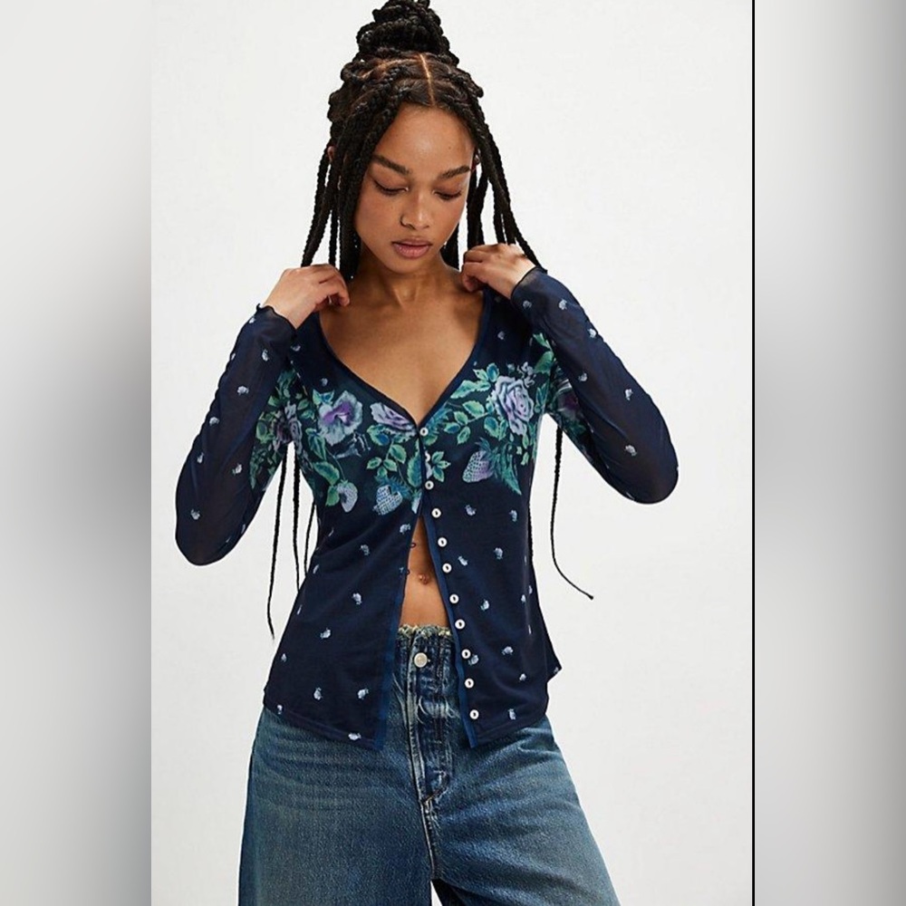 NWT Free People Home Grown Mesh Cardi Blue Floral Size XS